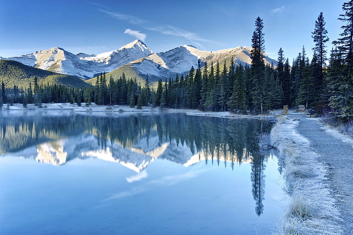 Canadá, Alberta, Lago Kananaskis, pinheiro, Canadá, neve, céu, floresta, árvores, inverno, paisagem, Alberta, Montanhas do lago Kananaskis, HD papel de parede