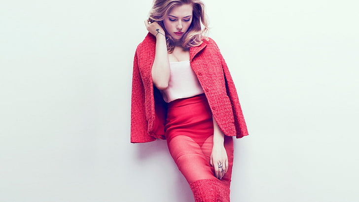 top branco e calça vermelha feminina, Scarlett Johansson, mulheres, atriz, loira, HD papel de parede