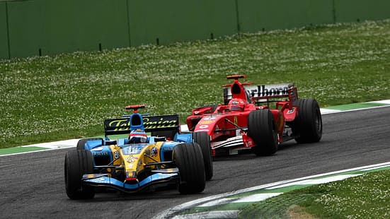الفورمولا 1 ، سيارات السباق ، رينو R25 ، فرناندو ألونسو ، فيراري F2005 ، مايكل شوماخر ، سان مارينو جراند بريكس، خلفية HD HD wallpaper