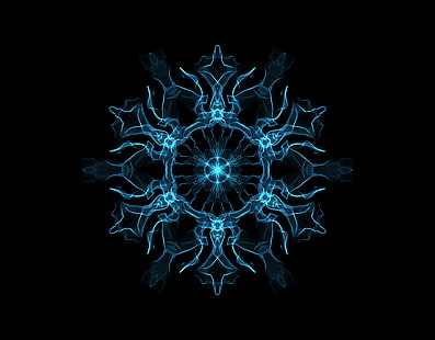 blue snowflake illustration, dark, abstract, digital art, black, blue, cyan, simple, black background, HD wallpaper HD wallpaper