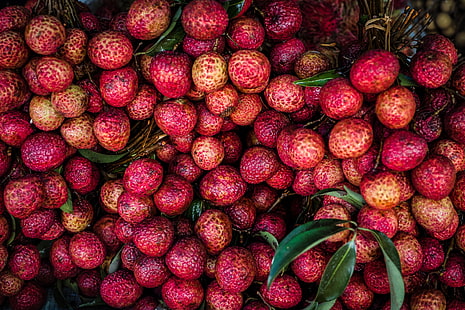 okrągłe czerwone owoce, liczi, owoce, jagody, Tapety HD HD wallpaper