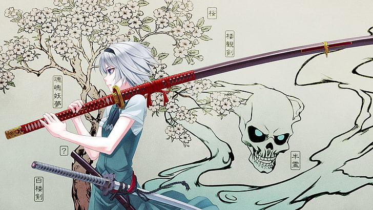 ilustrasi karakter anime berambut putih, katana, Touhou, Konpaku Youmu, Wallpaper HD