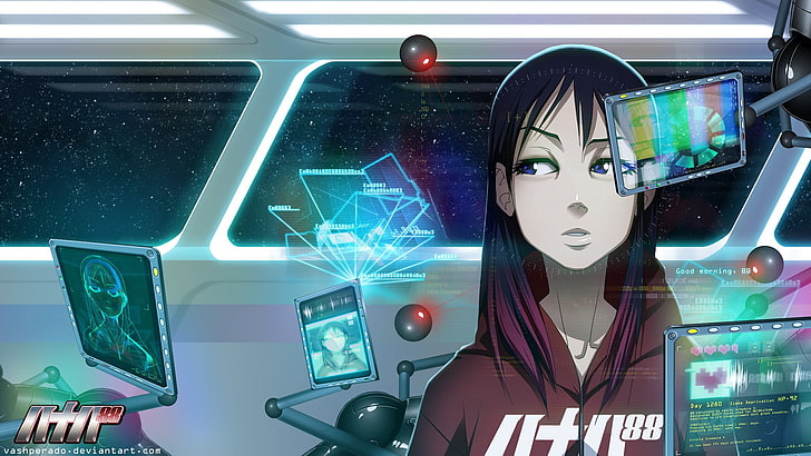 female anime character digital wallpaper, original characters, vashperado, spaceship, interfaces, cyberpunk, futuristic, anime girls, 88 Girl, anime, HD wallpaper