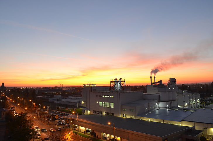 city, sky, sunset, factory, HD wallpaper