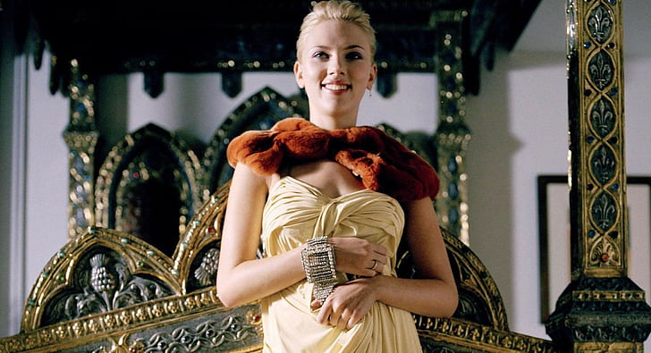 Scarlett Johansson นักแสดงหญิงผมบลอนด์ผู้หญิงชุดสีเหลืองชุดเกาะอกยิ้ม, วอลล์เปเปอร์ HD