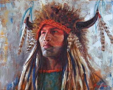 uomo nativo americano pittura, pittura, nativi americani, copricapo, uomini, opere d'arte, Sfondo HD HD wallpaper