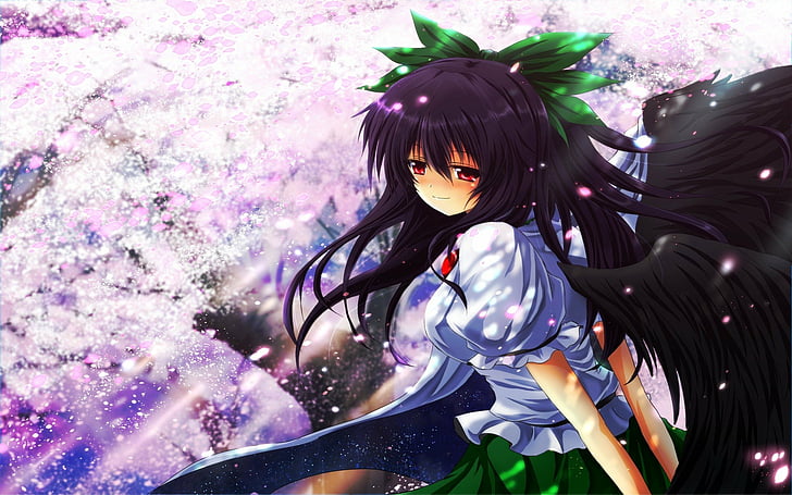 anime, back, bangs, black, blossoms, blush, bows, capes, cherry, dark, eye, eyes, flower, games, girls, hair, hands, long, nek, ornaments, outdoors, outer, petals, red, reiuji, skirts, smiling, space, sunlight, touhou, trees, utsuho, video, wings, HD wallpaper