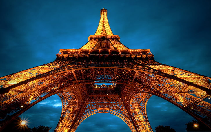 eiffel tower, bottom view, paris, france, sky, night, City, HD wallpaper