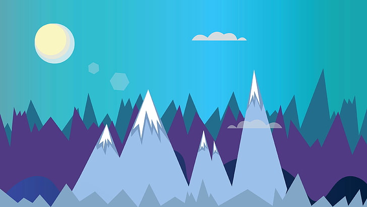 ilustrasi pegunungan abu-abu, ungu, dan hitam, matahari, awan, pemandangan, pegunungan, puncak, puncak, Wallpaper HD