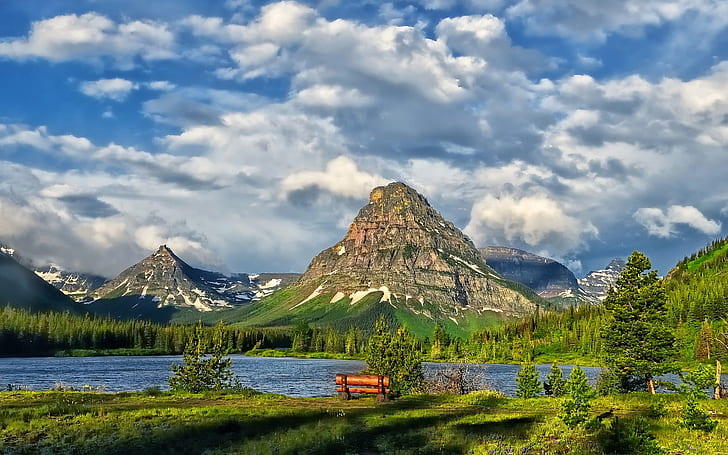 Glacier National Park, lake, mountains, clouds, green leaved trees, Glacier, National, Park, Lake, Mountains, Clouds, HD wallpaper