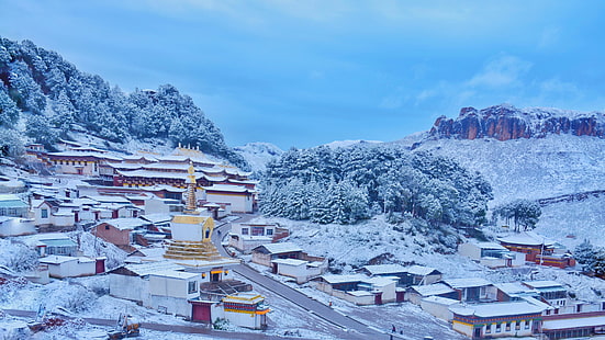 tempel, religion, buddhist, buddism, tibet, tibetansk by, by, snö, vinter, berg, langmusi, Kina, Asien, Qinghai-platån, Langmu tempel, HD tapet HD wallpaper