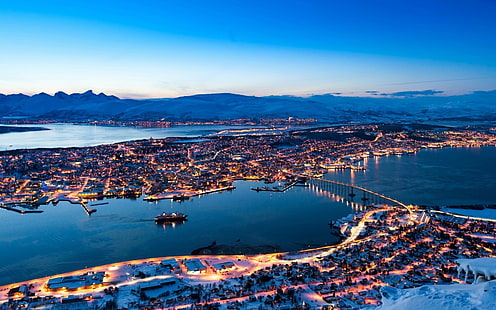 Тромсё Норвегия, тромсё, норвегия, панорама, горы, дом, HD обои HD wallpaper