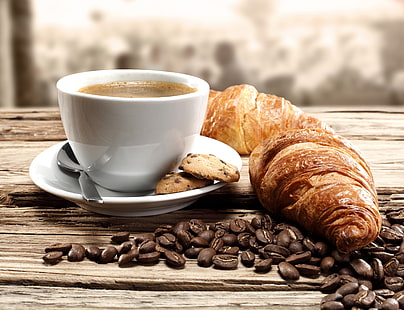 Schwarzbrot, Kaffee, Kekse, Kaffeebohnen, Croissants, Kekse, wachsend, HD-Hintergrundbild HD wallpaper