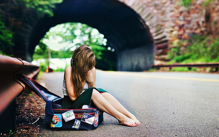 road, girl, bridge, hair, bag, waiting, barefoot, way, HD wallpaper