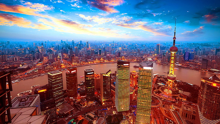 area metropolitan, lanskap kota, kota, shanghai, kaki langit, langit, kota besar, tengara, pencakar langit, pusat kota, foto udara, siang hari, blok menara, senja, cina, asia, Wallpaper HD