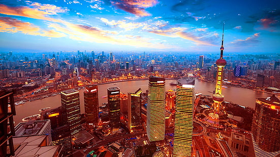 столичен район, градски пейзаж, град, Шанхай, силует, небе, мегаполис, забележителност, небостъргач, център, въздушна фотография, през деня, кула, здрач, Китай, Азия, HD тапет HD wallpaper
