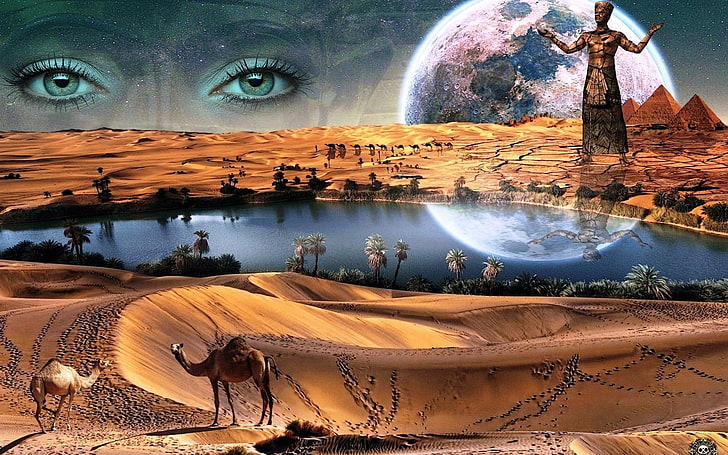 brown wooden framed brown padded futon, eyes, planet, trees, camels, water, reflection, pyramid, desert, digital art, God, ancient, HD wallpaper