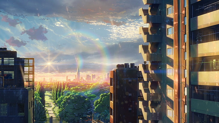vit betongbyggnad, Ordens trädgård, Makoto Shinkai, anime, stad, himmel, moln, soluppgång, träd, HD tapet