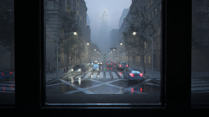 schwarzer und grauer Computerturm, digitale Kunst, Straße, Regen, HD-Hintergrundbild