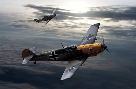 två grå-och-orange stridsflygplan, himlen, moln, figur, Messerschmitt, flygplan, andra världskriget, Bf.109, HD tapet HD wallpaper