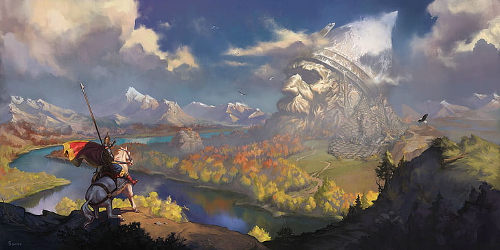 Napoleon Crossing The Alps malarstwo, grafika, sztuka fantasy, posąg, koń, krajobraz, rzeka, góry, Tapety HD