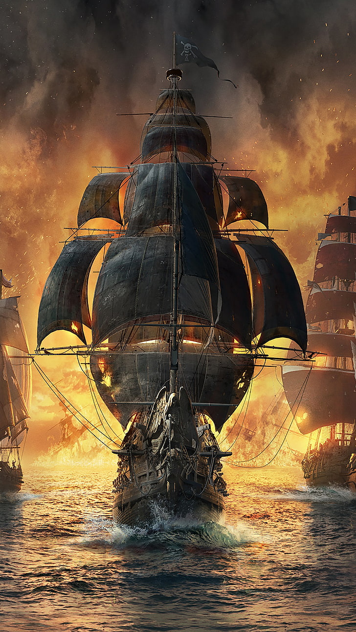 brown boat painting, skull and bones, Ubisoft, ship, HD wallpaper