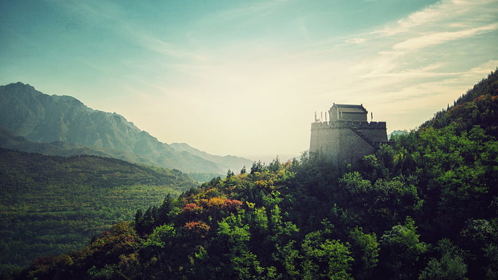 grey concrete building, China, Great Wall of China, forest, HD wallpaper