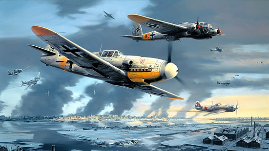 aeronave, trabalho artístico, Alemanha, He 111, Heinkel He 111, Luftwaffe, Messerschmitt, Messerschmitt Bf 109, militar, Aeronaves militares, Segunda Guerra Mundial, HD papel de parede HD wallpaper