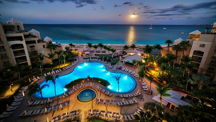 Isole Cayman, resort, turismo, hotel, piscina, città, tempo libero, notte, vacanze, cielo, sera, acqua, tropici, Sfondo HD