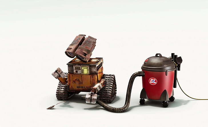 Hard Working Robot, Wall-E holding vacuum cleaner, Cartoons, WallE, Robot, Hard, Working, HD wallpaper
