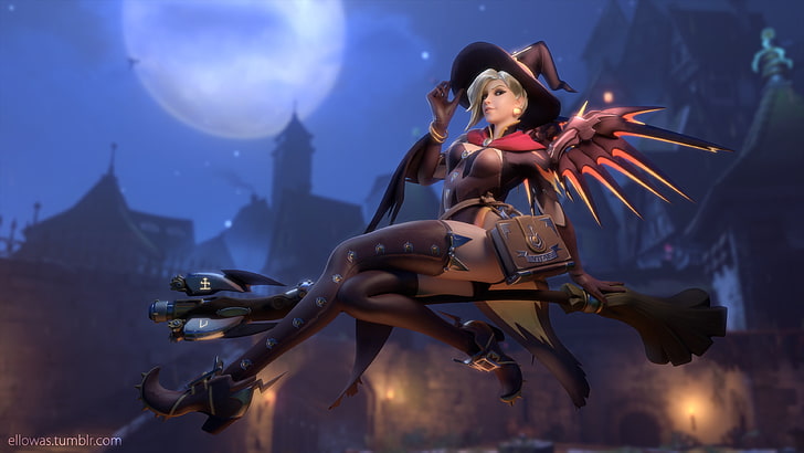 witch digital wallpaper, Overwatch, Mercy (Overwatch), wings, short hair, blonde, Halloween, stockings, witch hat, Moon, night, HD wallpaper