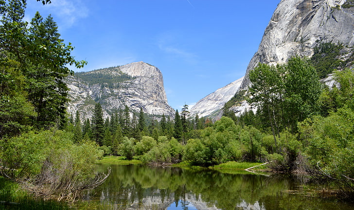 sjö, Yosemite, skog, OSX, äpple, 4k, 8k, berg, 5k, HD tapet
