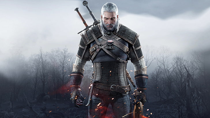 kılıç ile erkek karakter, savaş tanrısı duvar kağıdı, The Witcher 3: Wild Hunt, Rivia Geralt, kılıç, The Witcher, HD masaüstü duvar kağıdı