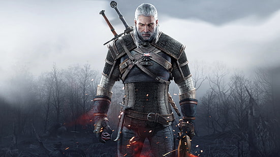 männliche Figur mit Schwert, God of War Wallpaper, The Witcher 3: Wilde Jagd, Geralt von Rivia, Schwert, The Witcher, HD-Hintergrundbild HD wallpaper