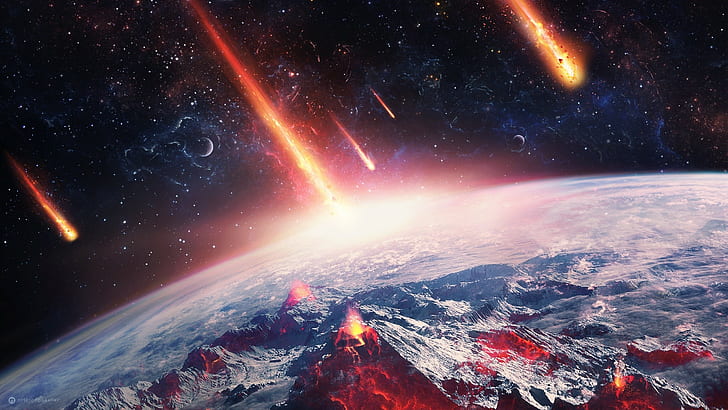 Erde, Erde, Meteore, Weltraum, Universum, Asteroid, Welt, Desktopografie, Feuer, Vulkan, Sterne, digitale Kunst, Lava, HD-Hintergrundbild