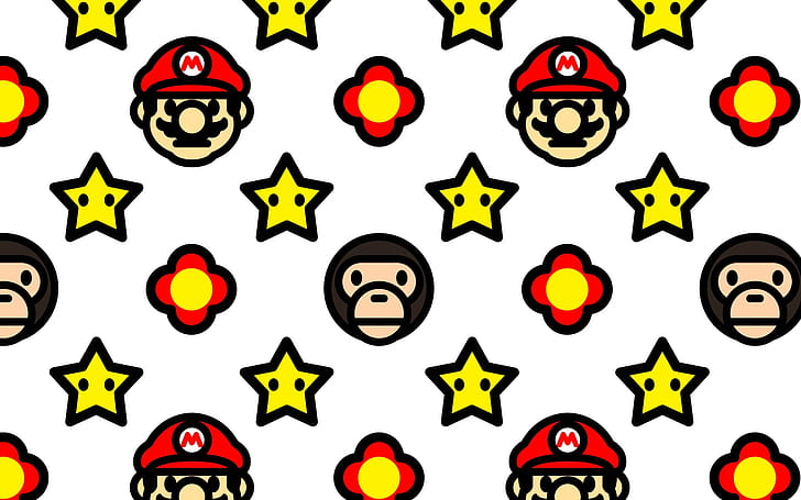 Mario Stars Pattern White HD, ilustrasi wajah super mario, video game, putih, bintang, mario, pola, Wallpaper HD