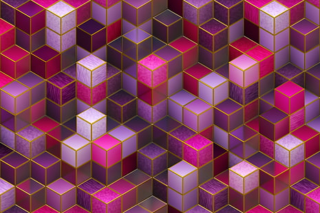 розово-фиолетовая 3D коробка, кубики, разноцветные, розовые, фиолетовые, фигуры, HD обои HD wallpaper