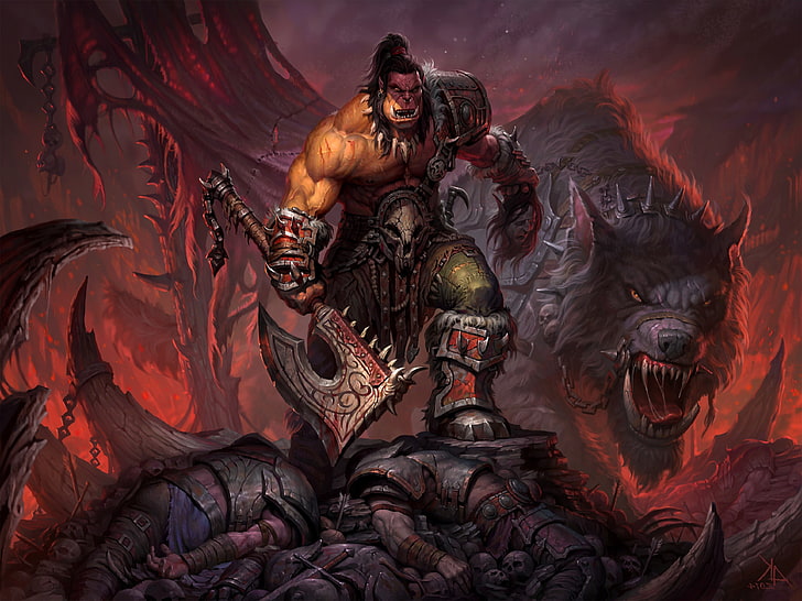 Hachas, criatura, Grommash Grito Infernal, Orcos, World Of Warcraft: Warlords of Draenor, Fondo de pantalla HD