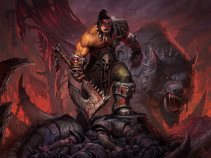 Axes, creature, Grommash Hellscream, Orcs, World Of Warcraft: Warlords Of Draenor, HD wallpaper HD wallpaper