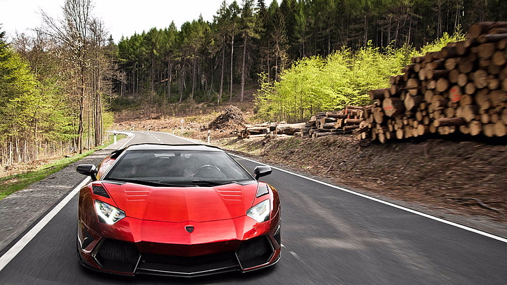 รถสปอร์ตสีแดงบนถนนระหว่างต้นไม้สูงในเวลากลางวันรถยนต์ถนน Lamborghini, Lamborghini Aventador, วอลล์เปเปอร์ HD