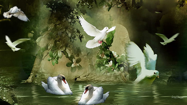 Peaceful Waters, white birds, swans, peace, swim, doves, green, flowers, water, vines, love, fantasy, couple, animals, HD wallpaper