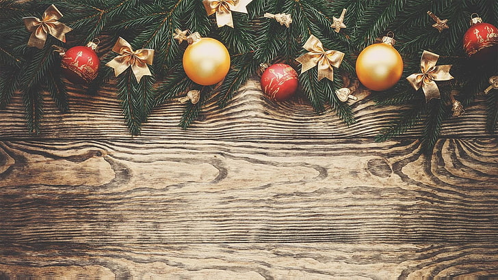 christmas tree, christmas, background, board, new year, stars, ornamental, love, ribbon, yellow, vintage, red, xmas, christmas decoration, HD wallpaper