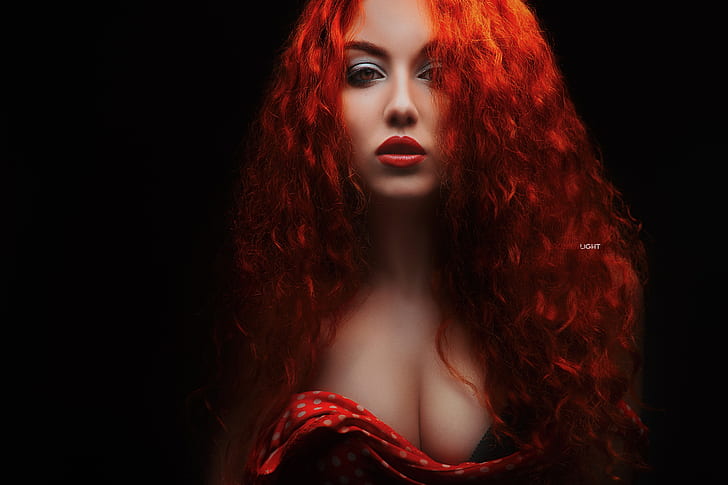 chest, look, girl, face, hair, portrait, makeup, red, curls, redhead, the dark background, Alexander Drobkov-Light, Anastasiya Germanova, HD wallpaper