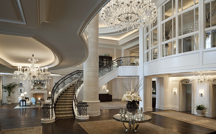 Lobby Design, clear glass chandelier, Architecture, Design, lobby, HD wallpaper