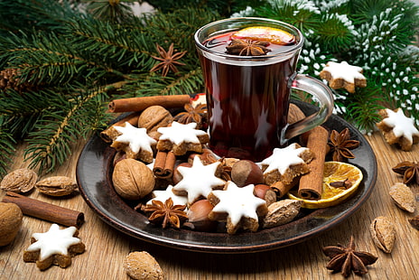 assorted nuts, winter, branches, lights, wine, lemon, spruce, New Year, cookies, Christmas, drink, nuts, cinnamon, cakes, holidays, spices, star anise, Anis, mulled wine, HD wallpaper HD wallpaper