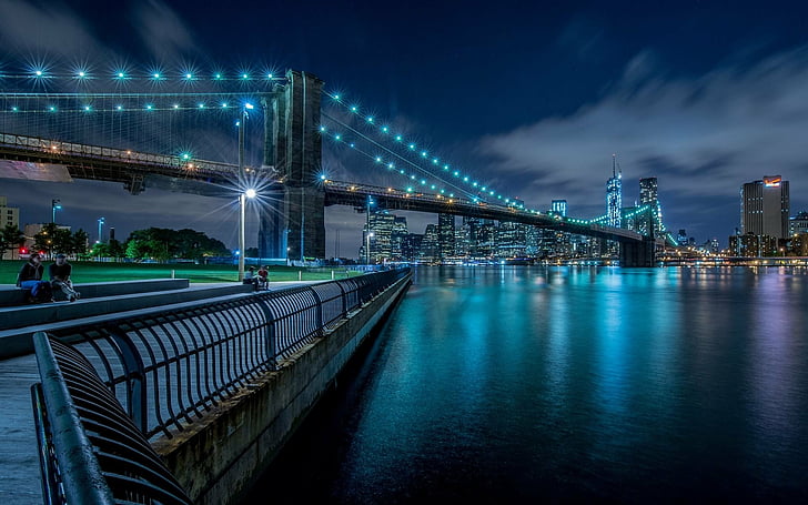 Bridges, Brooklyn Bridge, Blue, Bridge, Light, Man Made, New York, Night, HD wallpaper