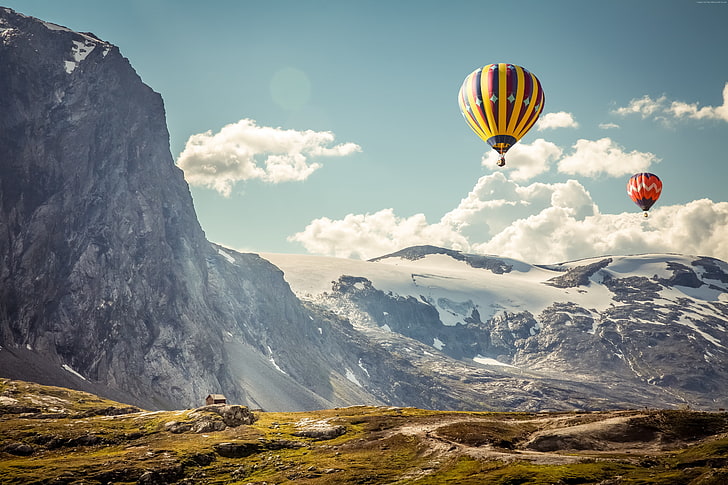 two yellow and red hot air balloons, hot air balloons, clouds, snow, cliff, nature, black, mountains, landscape, HD wallpaper