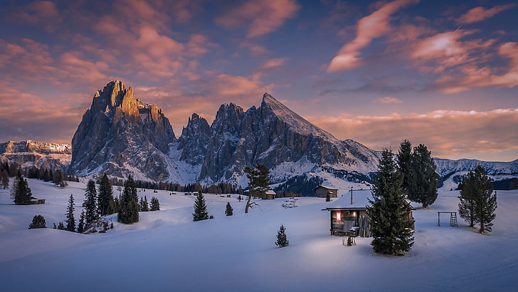 snow, cabin, mountains, Dolomites (mountains), Italy, pine trees, HD wallpaper
