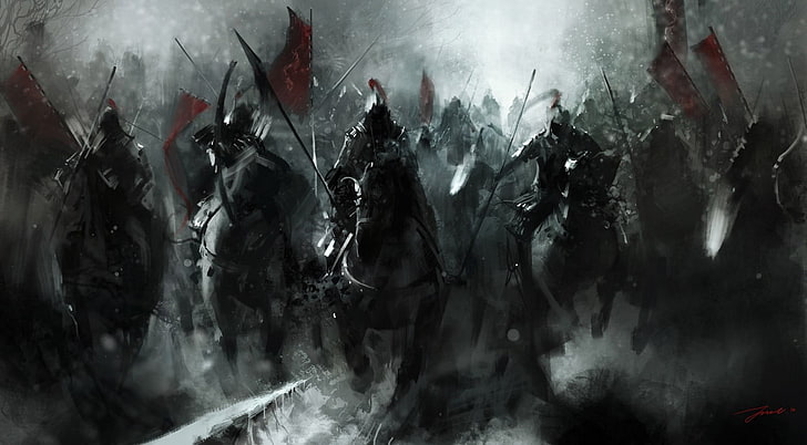 рицари на коне дигитален тапет, произведения на изкуството, воин, средновековен, кон, рицар, битка, фентъзи изкуство, война, зима, банер, HD тапет