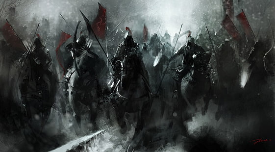 рицари на коне дигитален тапет, произведения на изкуството, воин, средновековен, кон, рицар, битка, фентъзи изкуство, война, зима, банер, HD тапет HD wallpaper